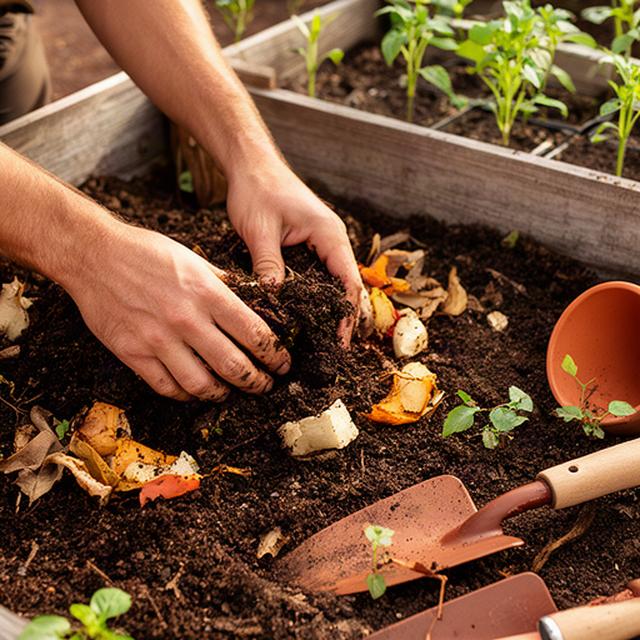 Manos preparando compost junto a herramientas y plantas jóvenes en un huerto urbano del sur de Tenerife