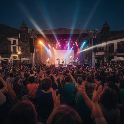 Público reunido ante un escenario durante un concierto en una plaza de Granadilla