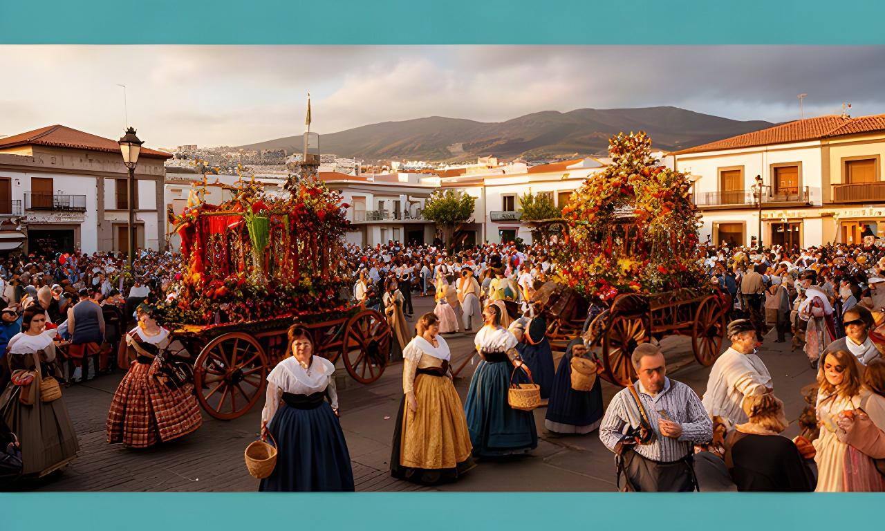 Romería canaria con vecinos vestidos con trajes tradicionales y carrozas en una plaza del sur de Tenerife