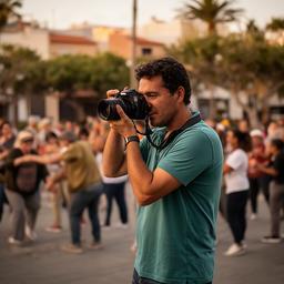 Fotoperiodista captando una actividad comunitaria en una plaza del sur de Tenerife