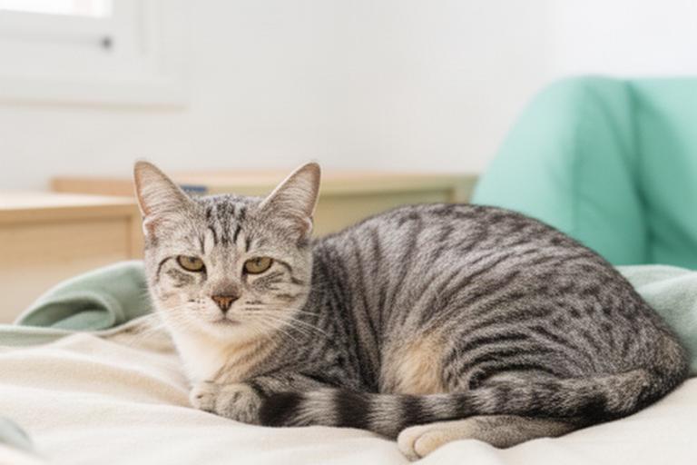 Gata atigrada recuperada descansando en una habitación luminosa de una asociación animal de Tenerife
