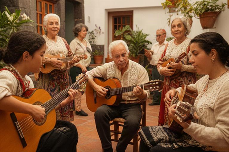 Grupo folclórico local tocando guitarras y timples en un patio de Granadilla