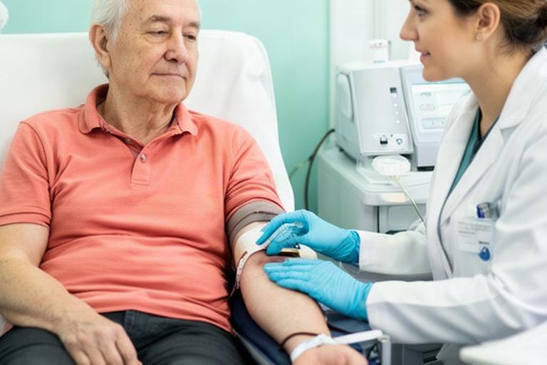 Vecino realiza una donación de sangre acompañado por personal sanitario