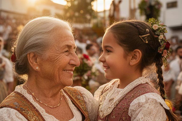 Abuela y niña comparten una celebración vecinal durante la romería de San Isidro