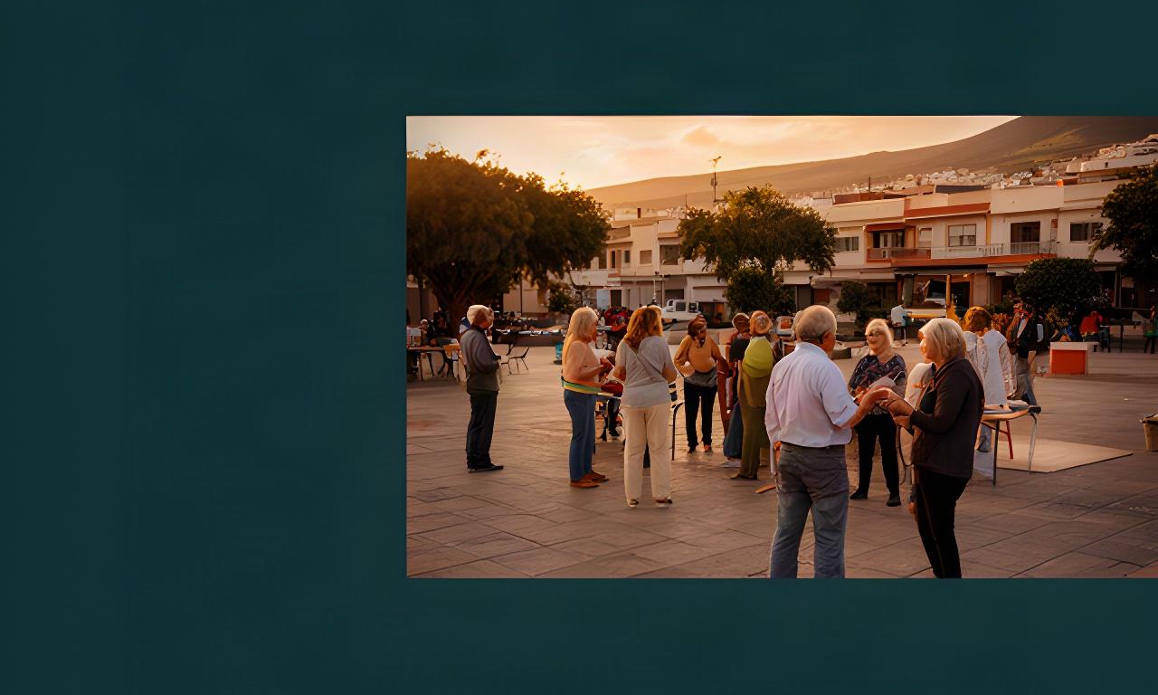 Vecinos conversando en una plaza de Granadilla de Abona durante una actividad comunitaria al atardecer
