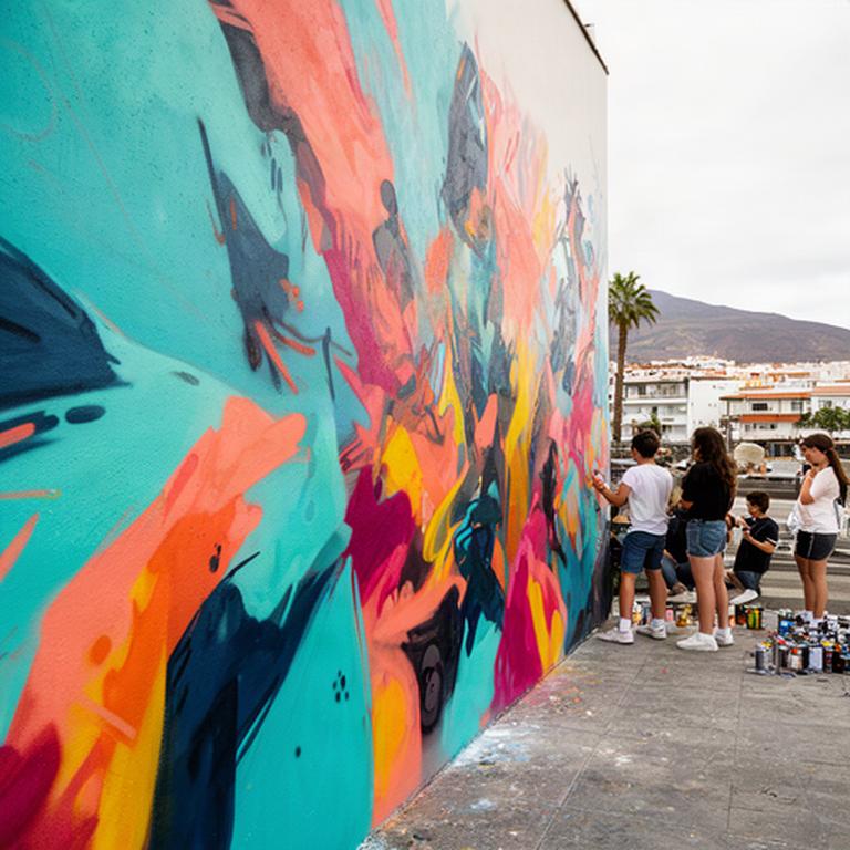 Mural de graffiti colaborativo pintado por jóvenes junto a una plaza de Granadilla de Abona