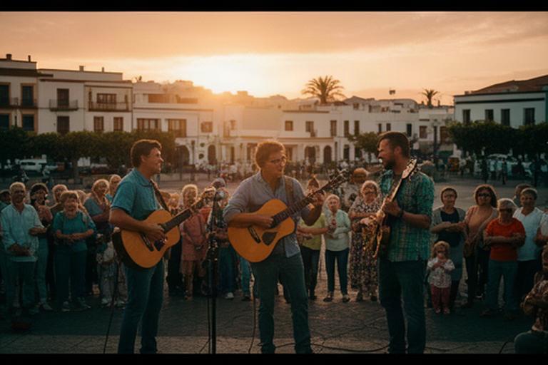 Músicos locales actuando al atardecer ante vecinos reunidos en una plaza de Granadilla
