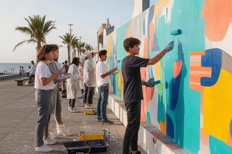 Jóvenes pintando un mural de arte urbano junto a una plaza de El Médano