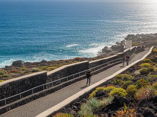 Sendero costero del sur de Tenerife con muros de protección y océano Atlántico