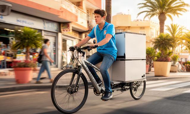Repartidor joven circulando en bicicleta de carga por una calle urbana del sur de Tenerife