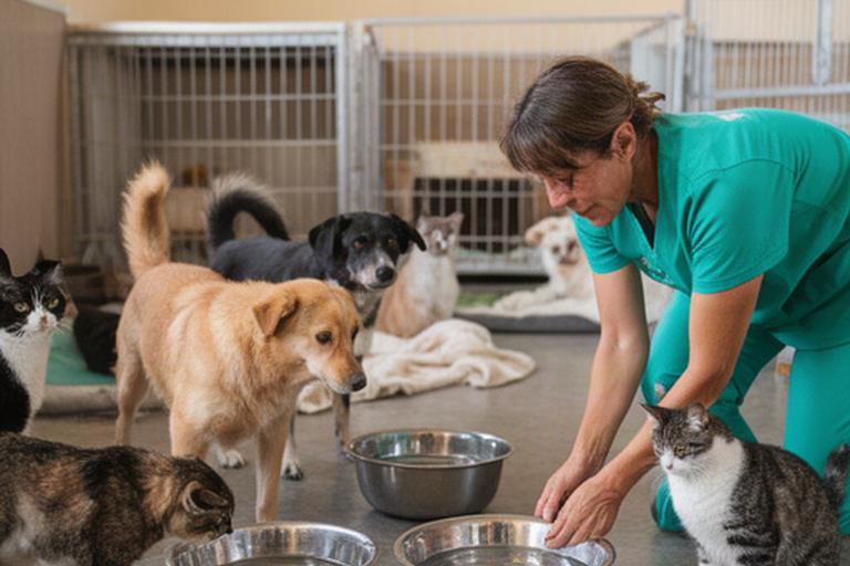 Voluntaria colocando cuencos de agua para varios animales en un refugio del sur de Tenerife